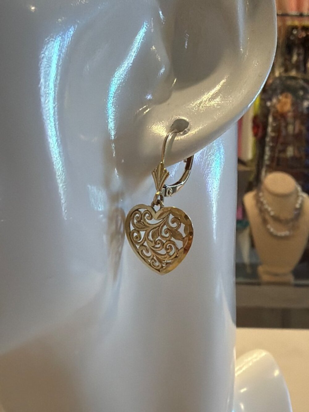 14k Gold Filigree Heart Drop Earrings Leverback